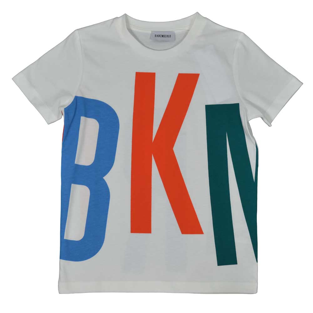 T-shirt della Linea Abbigliamento Bambino Bikkembergs, con logo in colori fluo stampato sul davan...