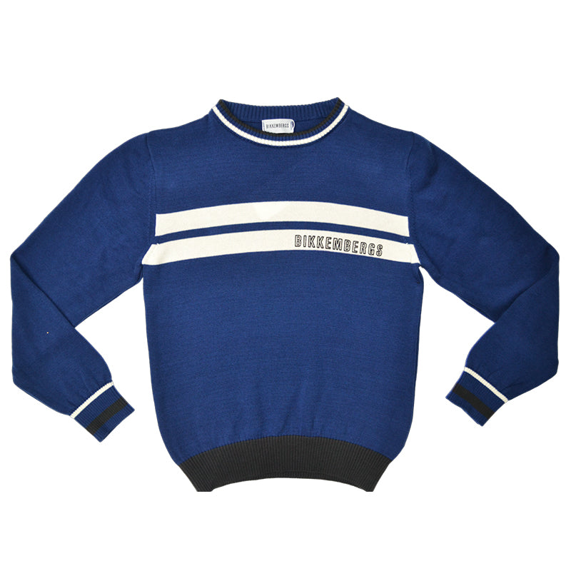 Pull de la ligne Vêtements Enfant Bikkembergs, avec col rond et motif à bandes horizontales.Compo...
