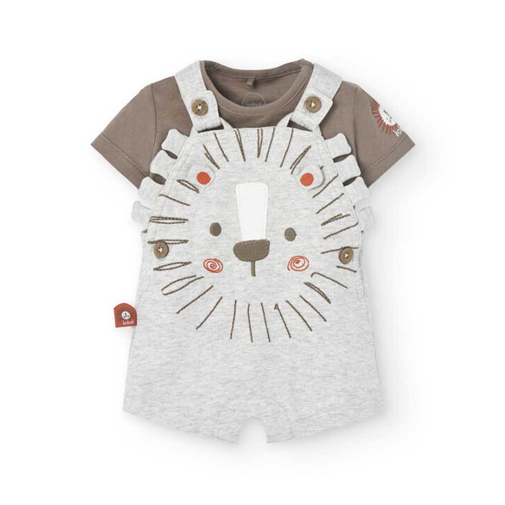 Salopette de la ligne Vêtements Enfant Boboli, avec t-shirt coordonné. Broderie d'un petit animal...