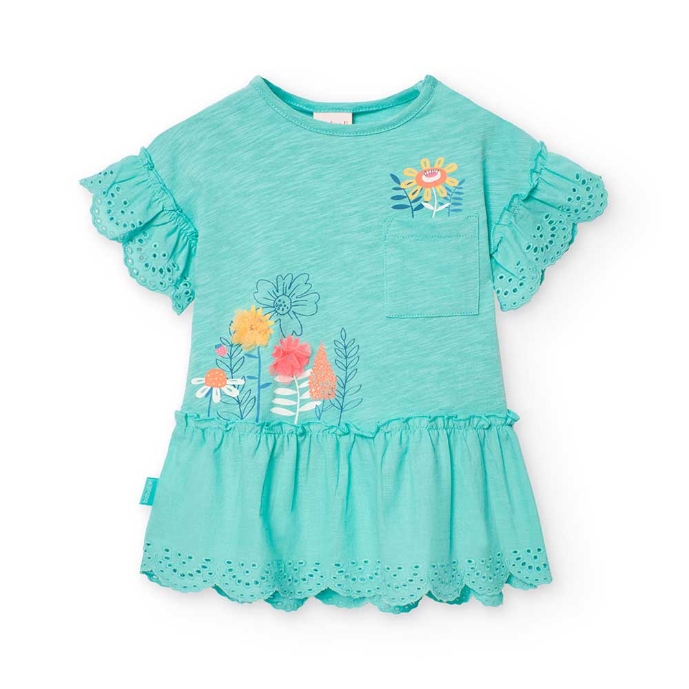 Abitino della Linea Abbigliamento Bambina Boboli, con taschino sul davanti ed applicazioni colora...