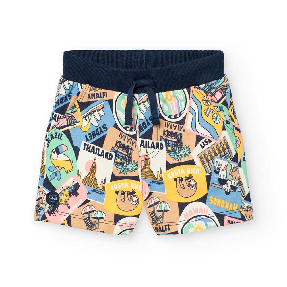 Shorts aus der Boboli Kinderbekleidungslinie, mit Allover-Ferienmuster, elastischer Bund mit Bind...