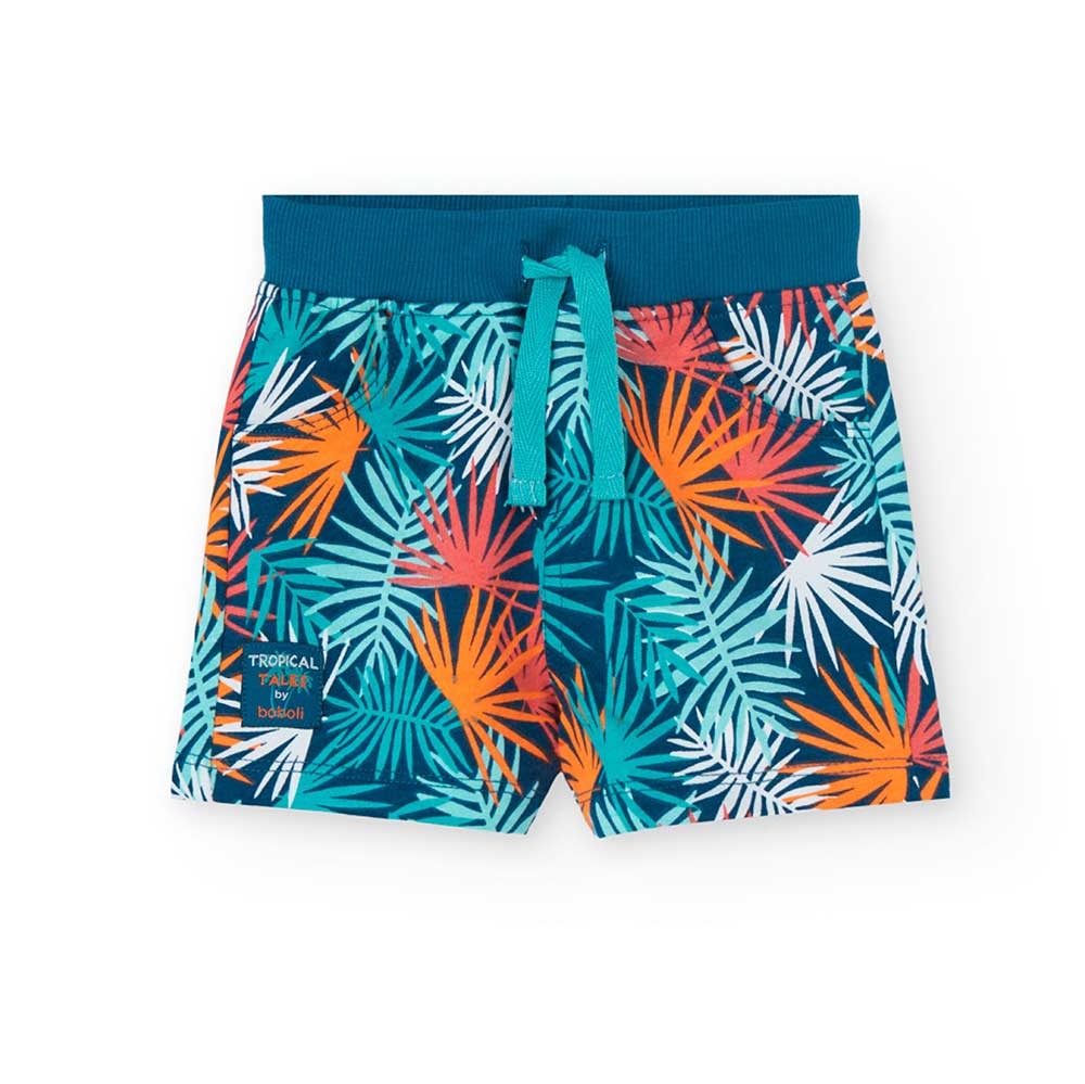 Bermuda doux de la Ligne Vêtements Enfant Boboli, avec motif tropical intégral et cordons à la ta...