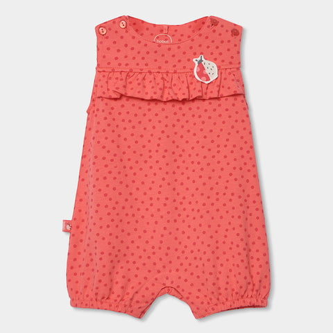 Tutina jersey bimba con pois e rouches, color corallo