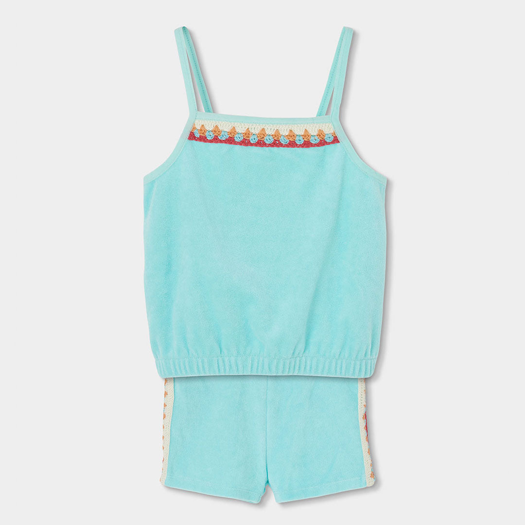 Complete two-piece velour set from the Boboli Girls' Clothing Line, consisting of solid color sho...