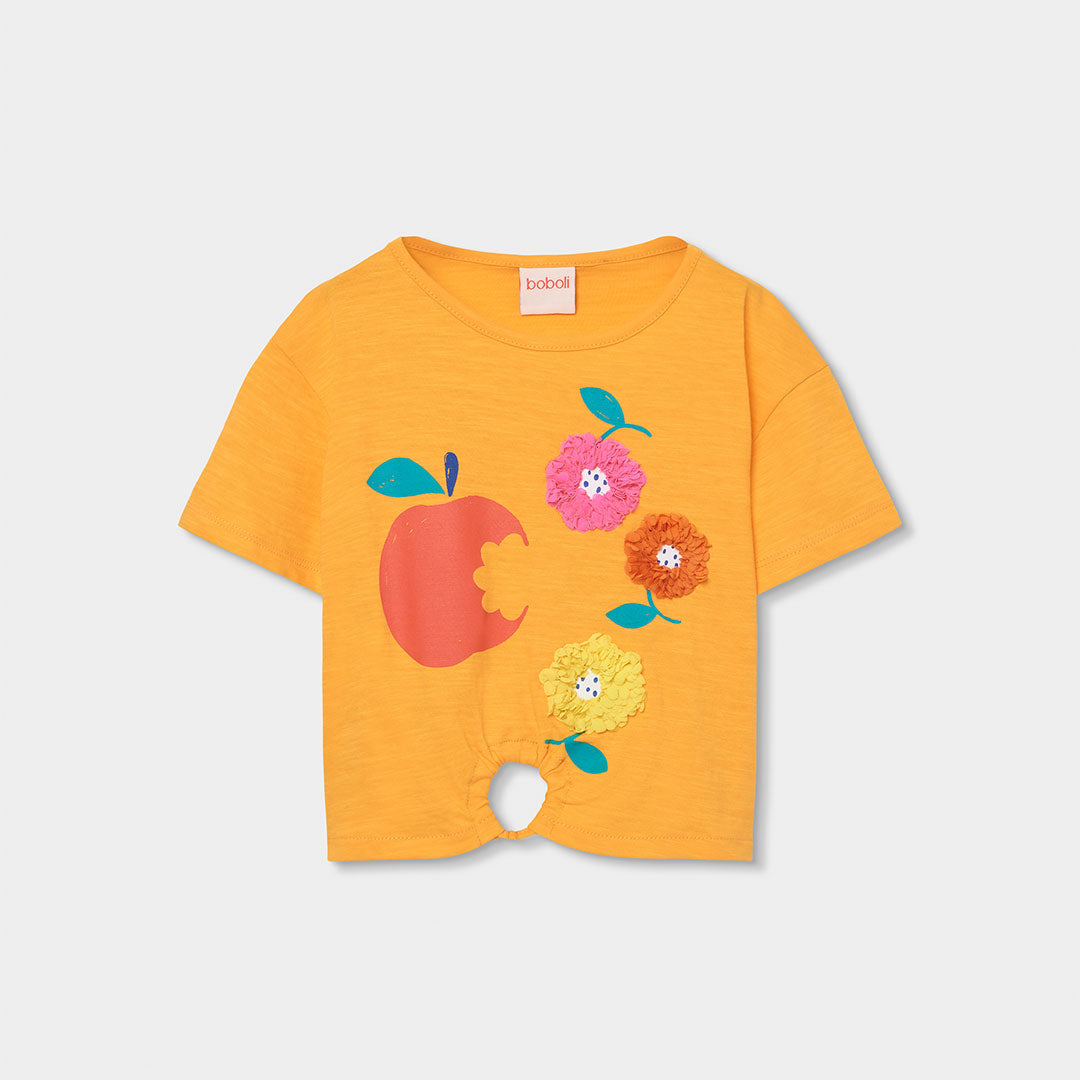 Boboli Girls' Clothing Line T-shirt in slub cotton with colorful print on the front and fabric ap...