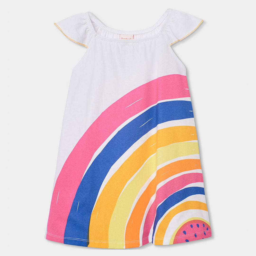 Robe de la ligne de vêtements pour fille Boboli, coupe évasée et imprimé coloré sur fond blanc. R...
