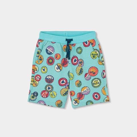 Bermuda in felpa blu con fantasia multicolor per bambini.