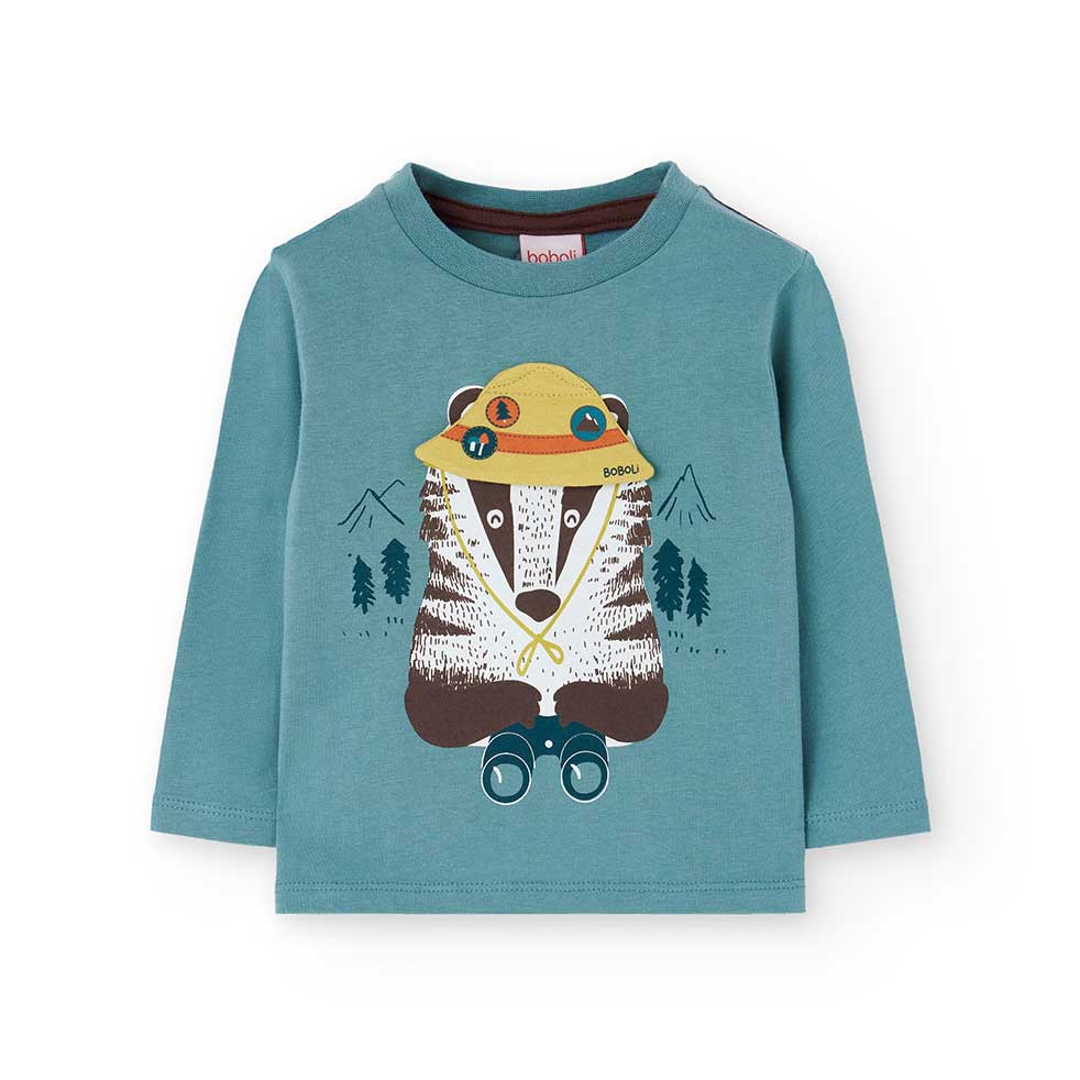 Maglia manica lunga verde acqua con stampa di un orso con cappello giallo e binocolo