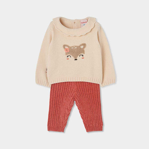 Completo bimba con maglia panna con motivo animale e pantaloni a coste color mattone