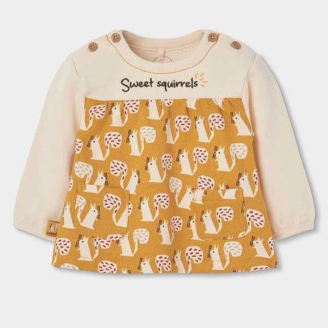 Vestito felpa con maniche lunghe color crema e corpo giallo senape con stampa scoiattoli bianchi e rossi