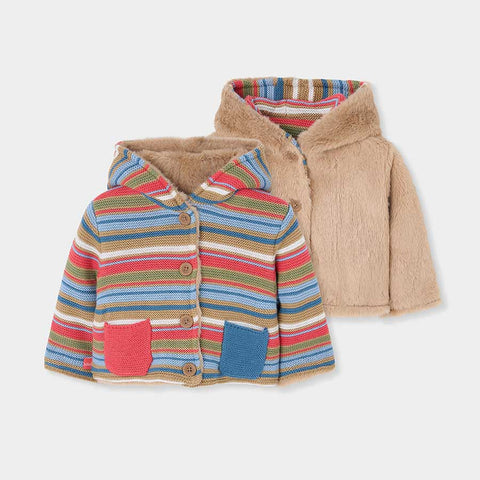 Giacca reversibile per neonati con cappuccio, lato a righe colorate e lato beige peloso, bottoni frontali