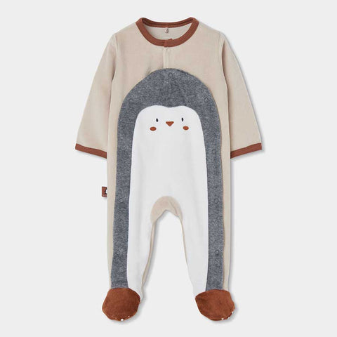 tutina in ciniglia beige con decorazione pinguino grigia e piedini marroni per neonato