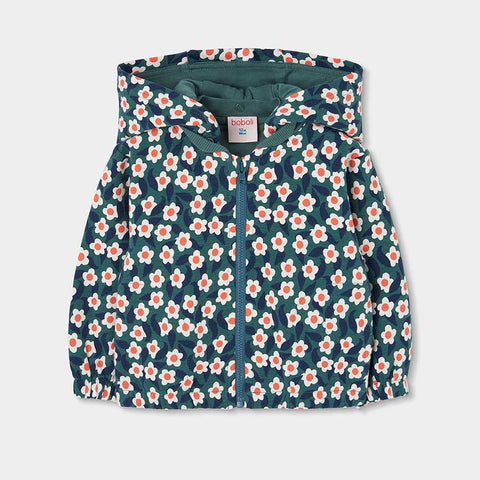 Giacca felpata verde con cappuccio e stampa fiori bianchi e arancioni per bambina