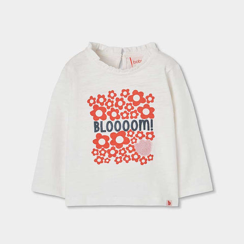Maglietta manica lunga bianca con stampa fiori arancioni e scritta blooom per bambina