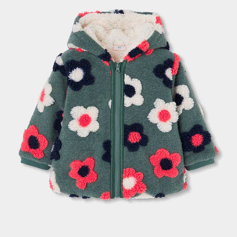 Giacca con cappuccio verde con grandi fiori colorati rossi, bianchi e blu per bambina