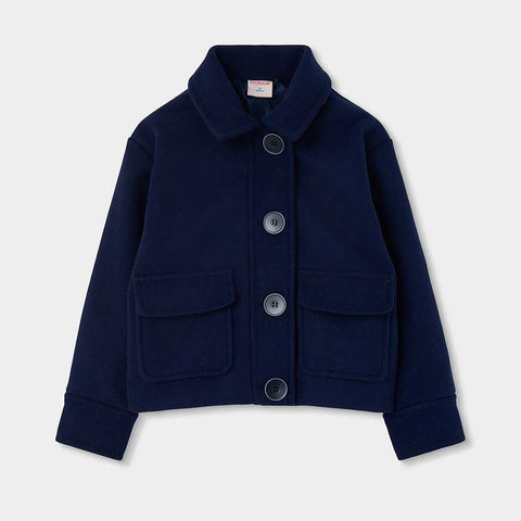 Giacca corta blu scuro con colletto e grandi tasche frontali per bambina