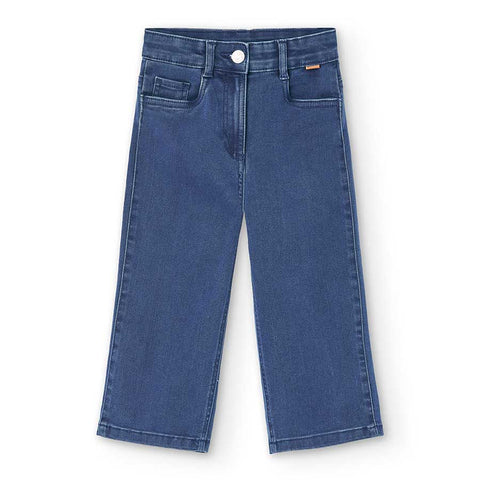 Pantaloni denim a zampa blu scuro con vita elasticizzata e bottoni per bambina