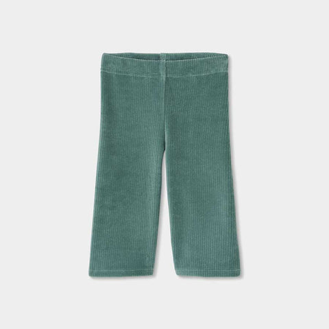 Pantaloni verde velluto a coste a zampa per bambina su sfondo chiaro