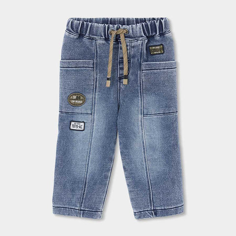 Pantaloni denim bambino lavaggio chiaro con coulisse e toppe decorative