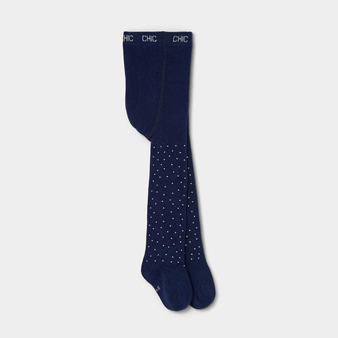 Calzamaglia blu scuro con pois bianchi e scritta chic sulla vita