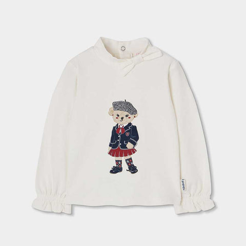 Maglia bianca maniche lunghe con fiocco sul collo e orso ricamato elegante