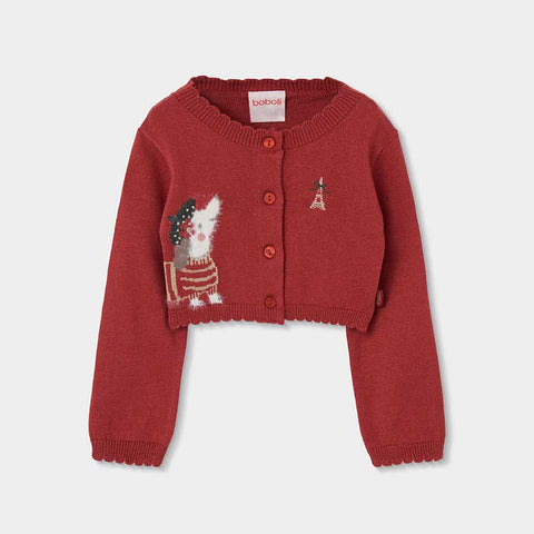 Cardigan corto rosso intarsiato con bottoni e disegni baby