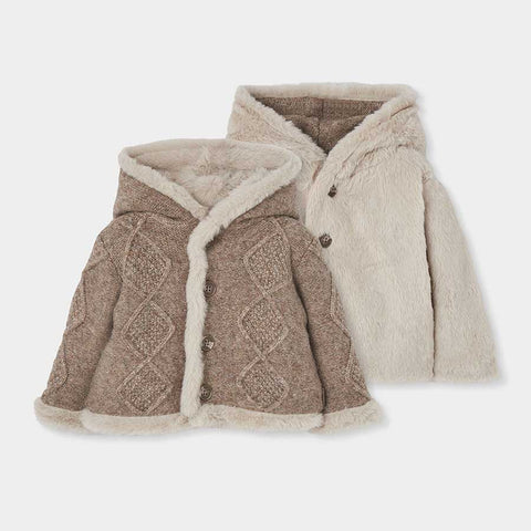 Giacchetta tricot reversibile per neonati con cappuccio, beige e panna, morbida e calda