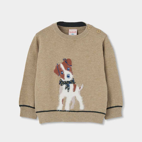 Maglione beige con motivo di cane bianco e marrone e bordi scuri