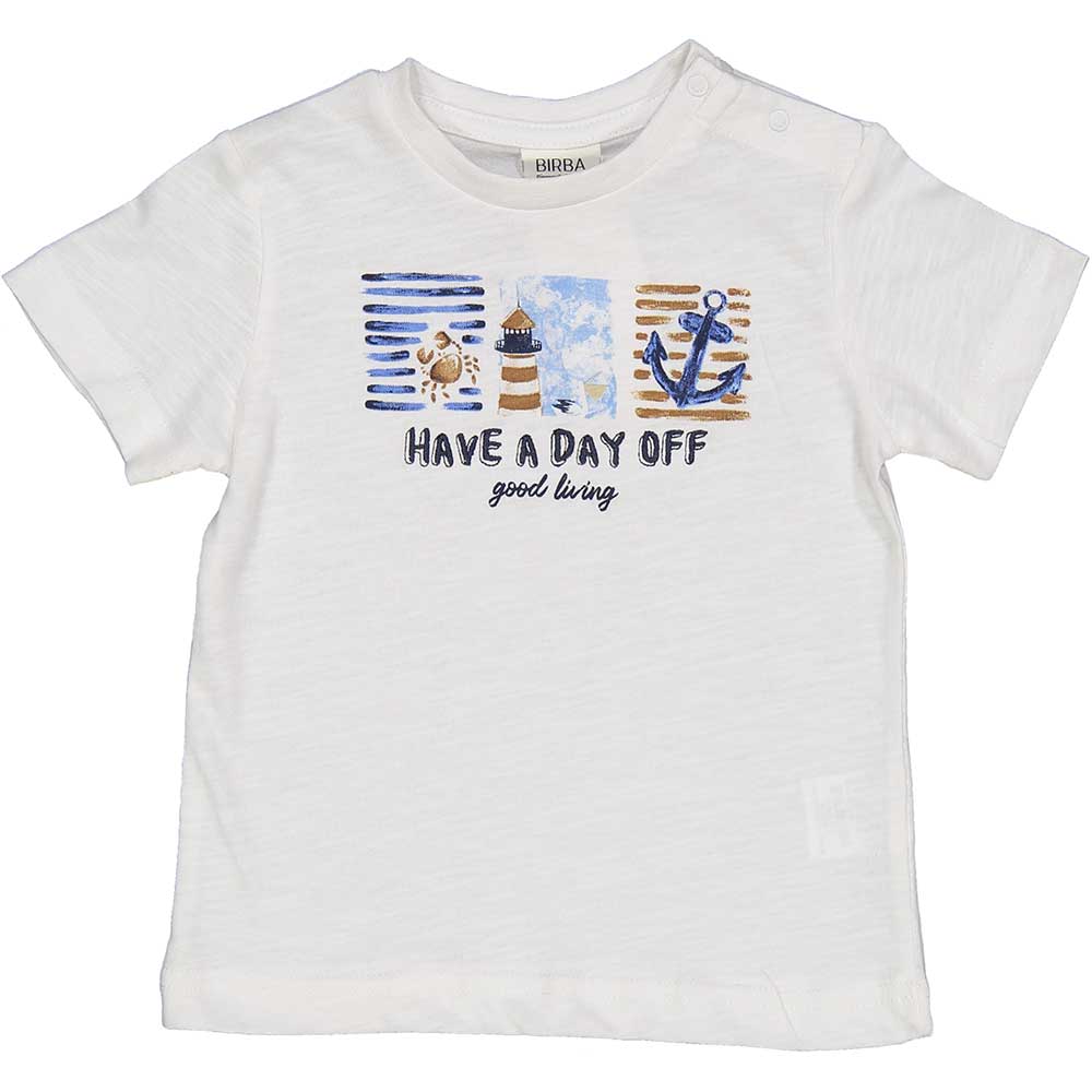 T-shirt from the Birba Children's Clothing Line, with sailor-themed prints on the front.
Composiz...
