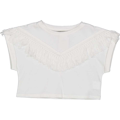 T-shirt cropped bianca con frange per bambina.