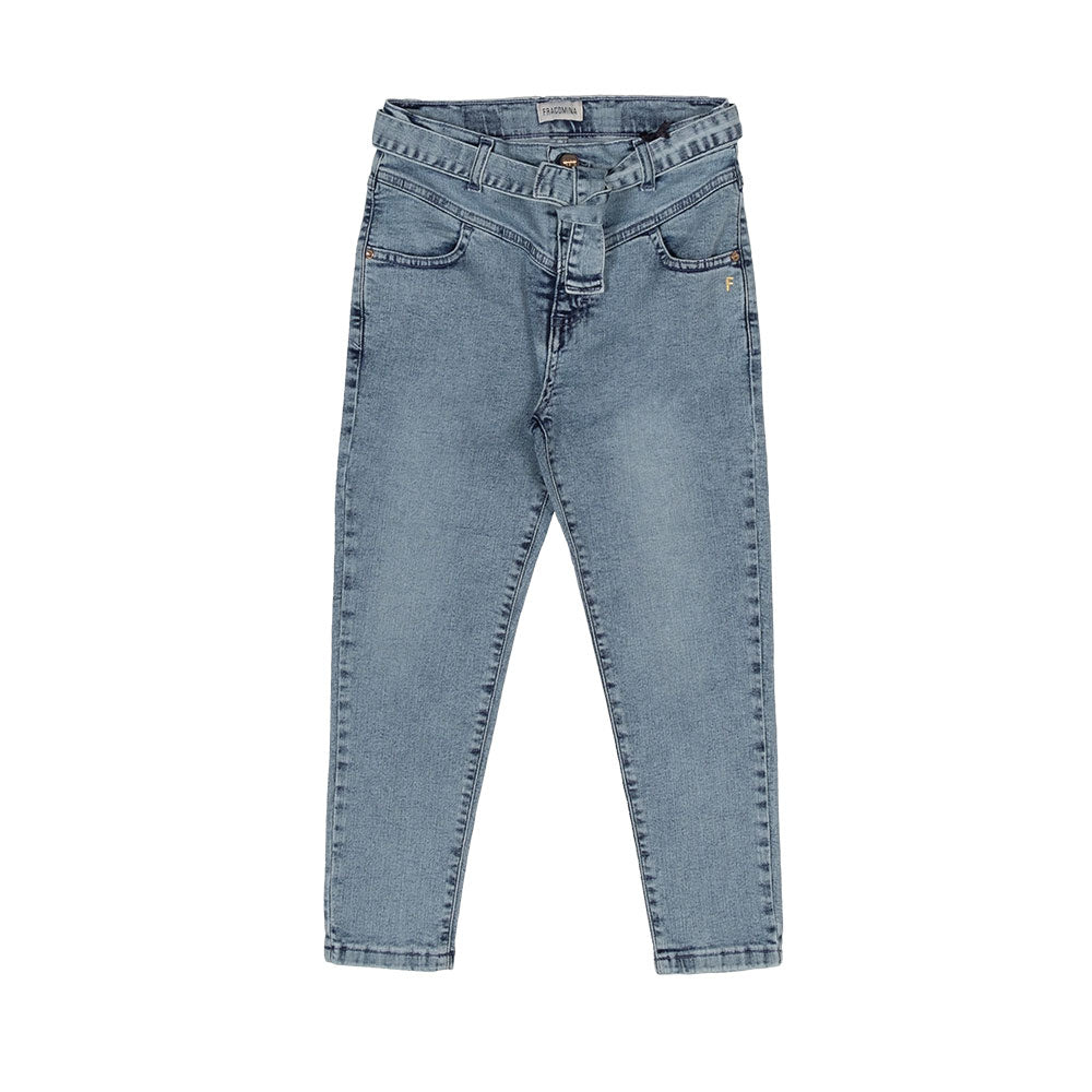 
Panatlone jeans, della Linea Abbigliamento Bambina Fracomina, con vita alta e cinturino in vita....