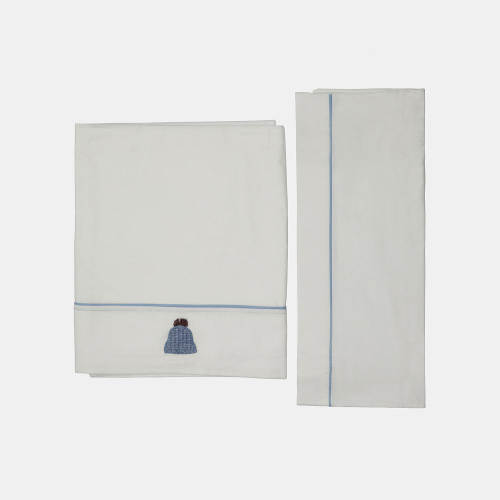 Drap de lit pour landau, de la ligne Bambino Lalalù, avec bordure bleue et application d'un petit...