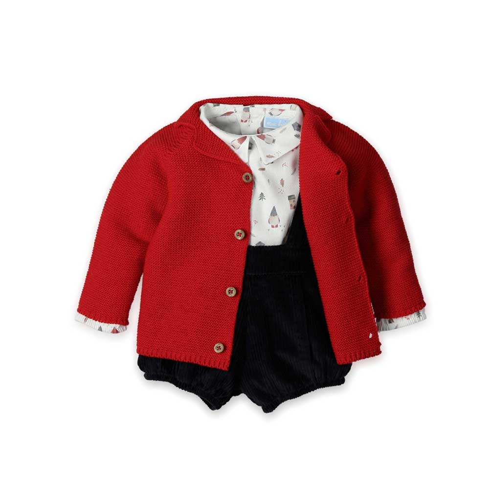 Coccola il tuo bambino con questa giacca in lana rossa, perfetta per le fresche giornate autunnal...