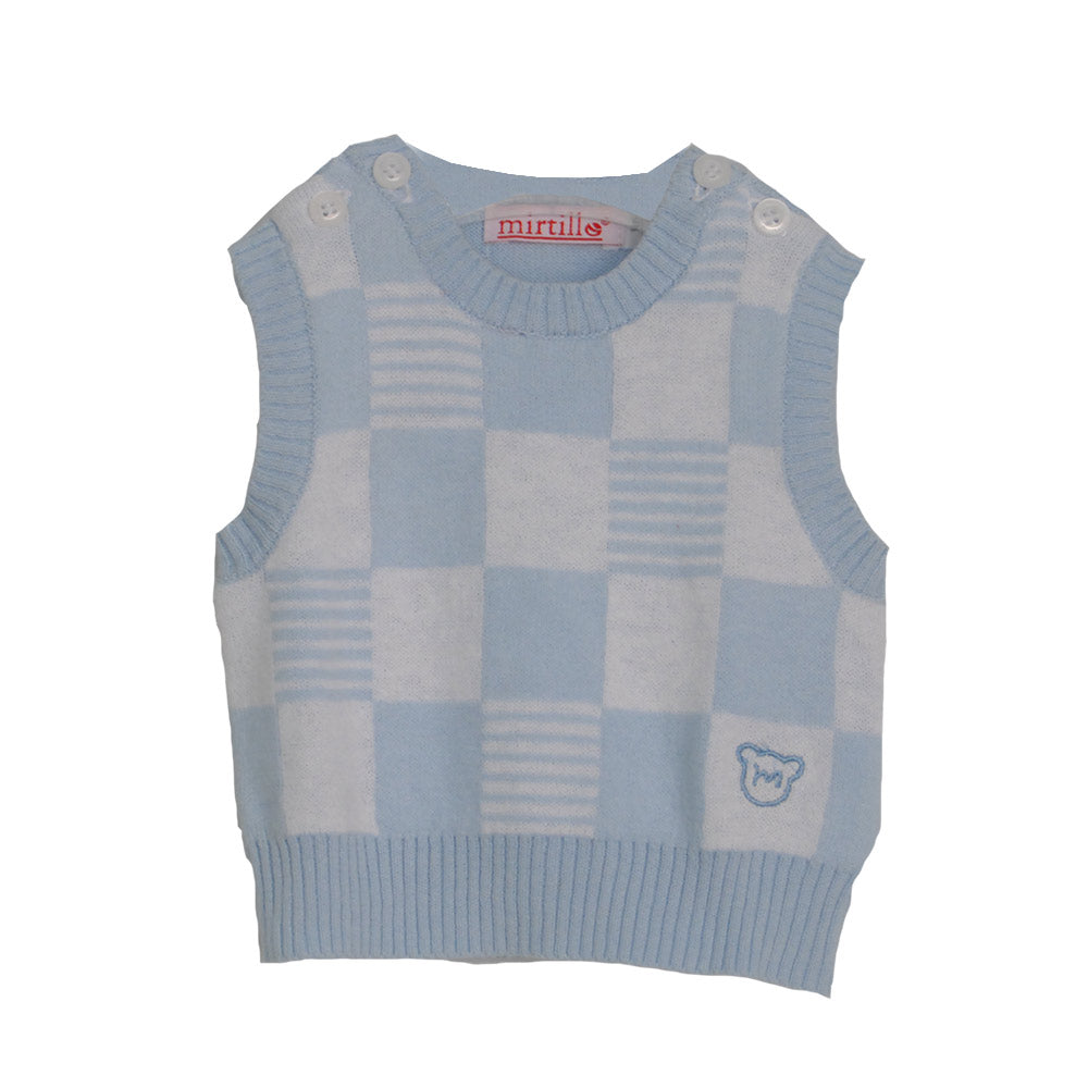 
  Gilet in tricot della linea abbigliamento bambino Mirtillo. Fantasia a scacchi sul
  davanti, ...
