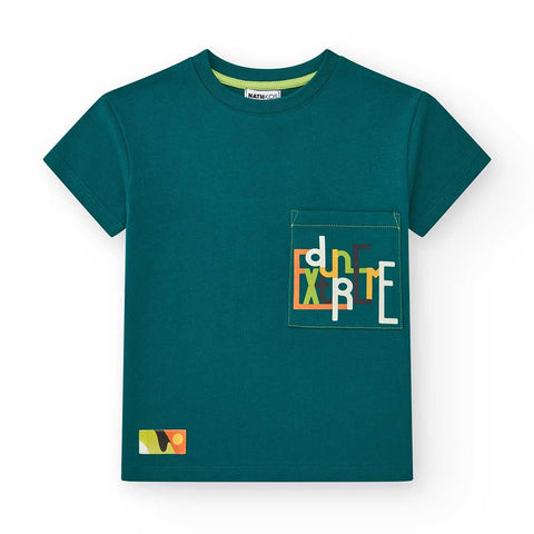 T-shirt verde con grafica colorata e taschino per bambino
