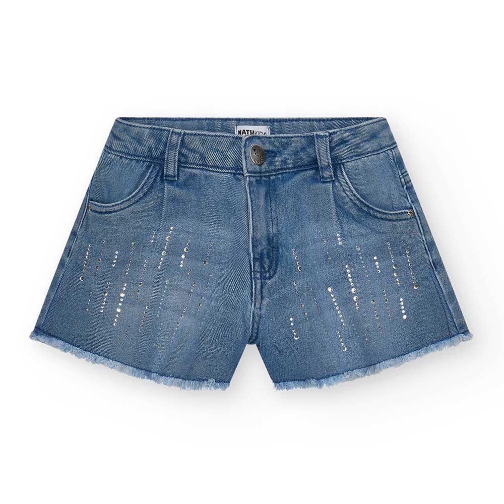 Pantaloncini in denim,della Linea Abbigliamento Bambina Nath Kids con modello ampio e sfrangiato ...