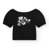 T-shirt corta nera con stampa floreale in lurex.