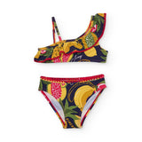 Bikini con volant e stampa frutta colorata su sfondo blu scuro per bambina