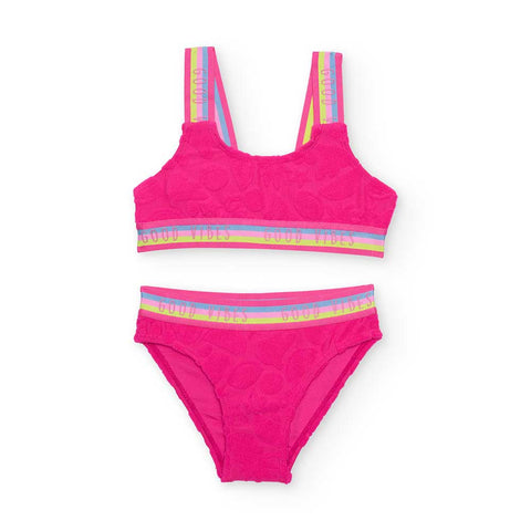 Costume da bagno bikini rosa con strisce multicolore e scritta 'GOOD VIBES'