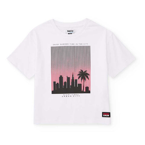 T-shirt bianca per bambini con design skyline di Miami.