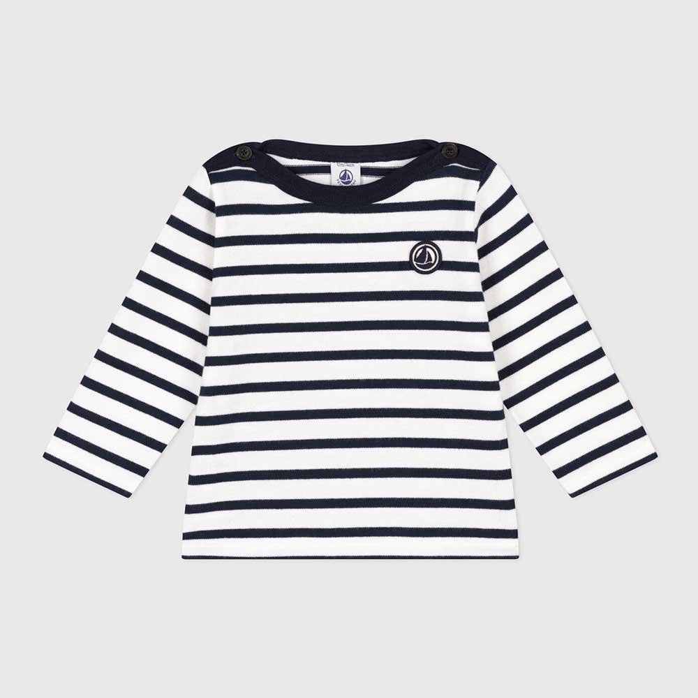 
Long-sleeved marinière from the Petit Bateau Children's Clothing Line in thick jersey, a soft an...