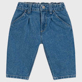 Pantalone jeans largo colore blu denim con vita elasticizzata e tasche laterali per bambino