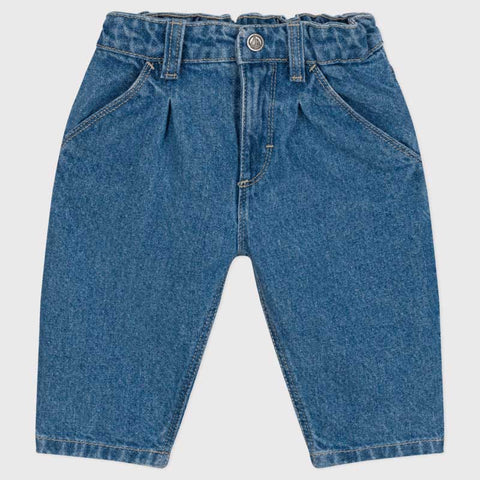 Pantalone jeans largo colore blu denim con vita elasticizzata e tasche laterali per bambino