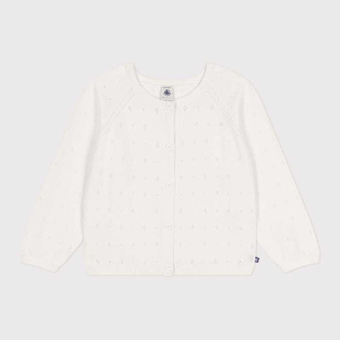 Cardigan bianco per bambina con bottoni e scollo arrotondato.