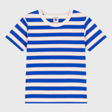 T-shirt a righe blu e bianca per bambina, confezione corta.
