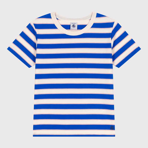 T-shirt a righe blu e bianca per bambina, confezione corta.