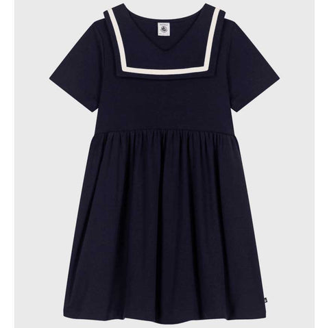 Abito marinaro blu con scollo quadrato e volant per bambina.