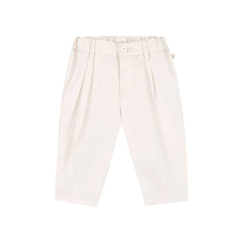 Pantaloni beige per bambini con vita elastica e tasche.