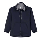 Giacca impermeabile navy con cappuccio e cerniera, design moderno per bambini.