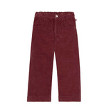 Pantaloni in velluto a costine per bambina, colore bordeaux, con elastico in vita.